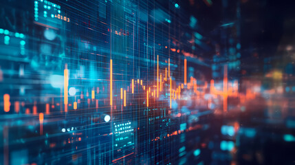 Obraz premium Upward trending financial growth chart with rising bars and ascending arrow, surrounded by stock market analytics and trading graphs on dark blue background. Oscillation. Illustration