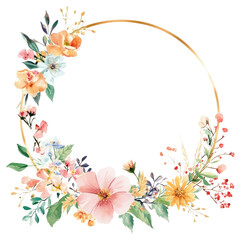 Fototapeta premium PNG Colorful color flowers on gold circle frames illustration watercolor blossoms.