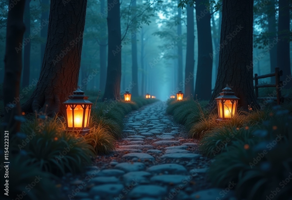 Poster a misty forest path lit by lanterns leading to a mysterious destination
