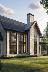 A large, modern farmhouse with a stone exterior and black windows is shown in the background. The house has two stories, featuring an elegant gable roofline that blends seamlessly into its surrounding