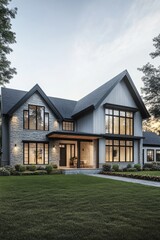 A modern farmhouse-style home with large windows, a stone exterior, and a dark roof. The house is surrounded by a green grass lawn, and there's an elegant front yard to the left of it.