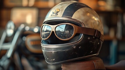 Vintage Motorcycle Helmet with Goggles: A Classic Ride