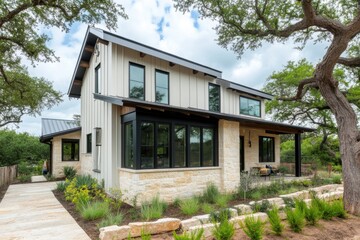A beautiful modern farmhouse in Texas, with pale cream-colored paneling on the exterior walls, black windows and doors, a modern architectural style, rustic stone accents around the front door.