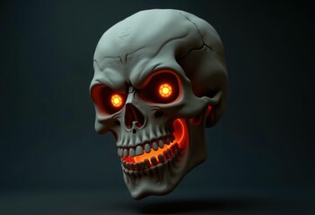 A 3D rendered skull with glowing eyes and teeth.