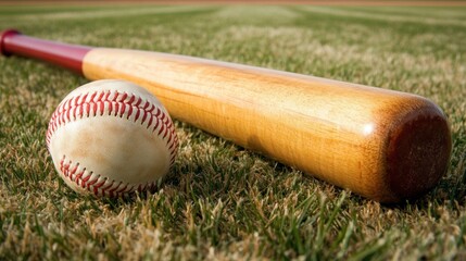 Wooden Baseball Bat and Classic Leather Baseball on Grass Field