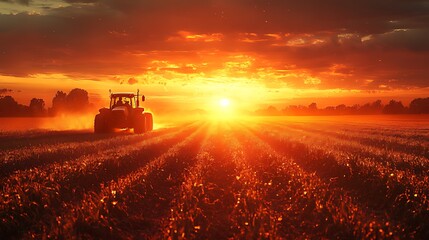 Fototapeta premium Tractor silhouette at sunset in a field.