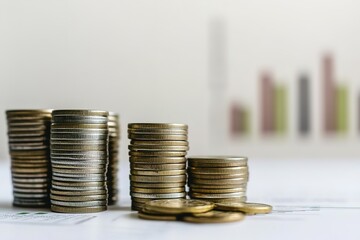 Stacks of coins represent financial growth, with blurred graphs