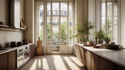 Modern Kitchen with Natural Light and Greenery in Urban Setting