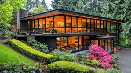 Obraz premium Modern house with large windows surrounded by lush greenery and flowers