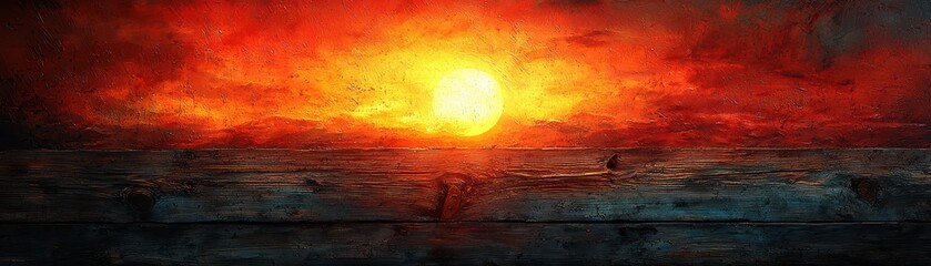 A dramatic sunset casts a fiery glow over the ocean, with vibrant reds and oranges blending into deep blues, evoking a sense of awe and tranquility.