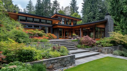 Contemporary Home Surrounded by Lush Greenery and Colorful Gardens