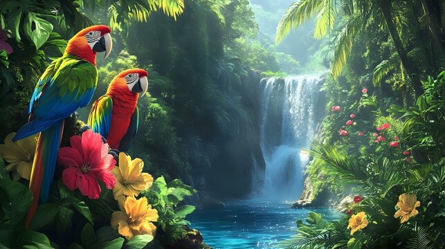 A tropical rainforest clearing with exotic flowers, a sparkling waterfall cascading into a pool and parrots perched on vibrant green foliage