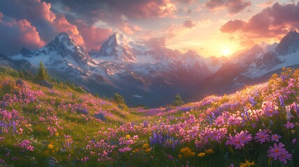 Fototapeta premium Vibrant sunset over snow-capped mountains and wildflowers.