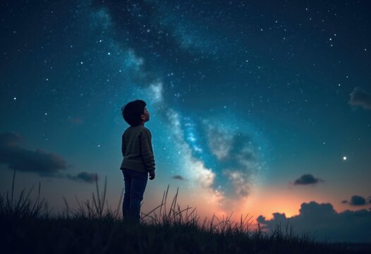A young boy gazes up at the night sky  filled with stars and the Milky Way.