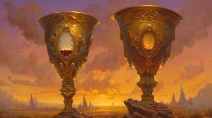 Two ornate golden chalices filled with liquid, set against a sunset landscape.