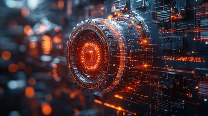 A futuristic, glowing circuit design featuring a central circular element, illuminated with orange lights against a dark, high-tech background.