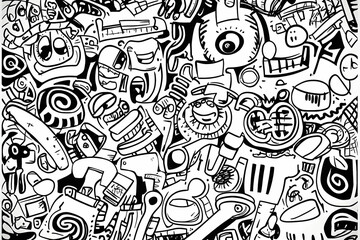 Black and white doodle art background, whimsical characters, seamless pattern, website design.
