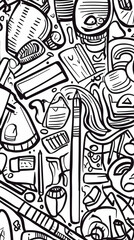 Black and white doodle art; stationery, tech, and lifestyle objects; background chaos; website design.