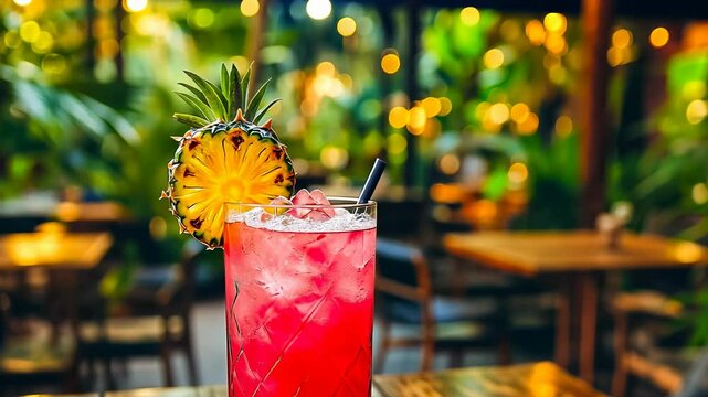 A colorful tropical drink with ice, garnished by a pineapple slice, sits on a wooden table in a vibrant, lush setting. The scene captures a relaxed vibe with gentle lighting.