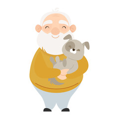 Senior elderly man with a dog in his arms