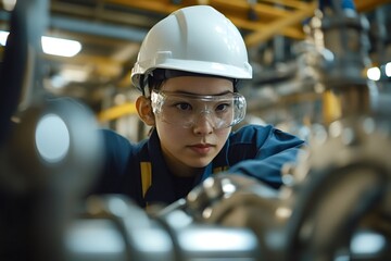 Young female industrial engineer wearing safety goggles and hardhat, working on complex machinery in a large factory, demonstrating expertise and focus