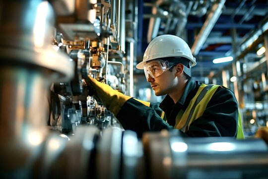 Industrial engineer wearing safety glasses and hardhat operating complex machinery in modern heavy industry factory, ensuring smooth operation and production