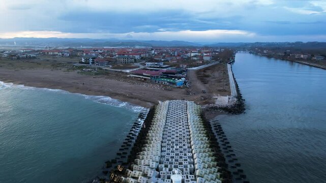 Karasu District in Sakarya, Turkey. Sunset landscape of Karasu. Aerial shooting with drone.