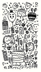 Child's Birthday Party Doodle Illustration, Festive Background, Celebration Design.