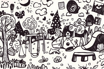 Child's Doodle Park Scene Swing Set, Animals, Night Sky, Playful Design, Illustration.
