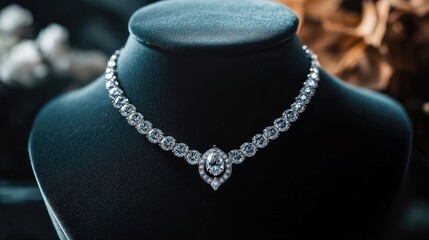 Elegant Diamond Necklace on Black Display Bust in Soft Light