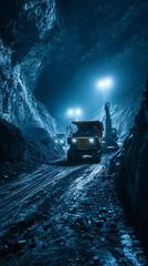 shot of a mining site with heavy equipment, like excavators or trucks, operating IT, dark blue color theme,