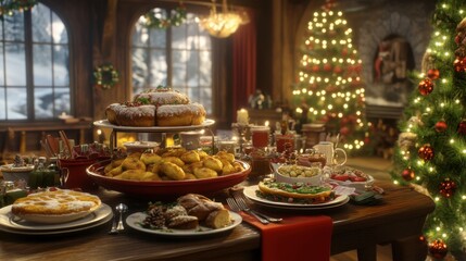 Fototapeta premium Festive Holiday Feast with Decorated Table and Christmas Tree