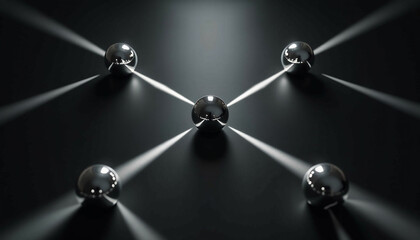 Central sphere connected to four others  showcasing network concept with beams of light.