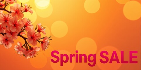 Naklejka premium Spring SALE with blooming cherry blossoms on orange background