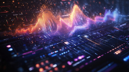 Dynamic Digital Design Featuring Vibrant Waveforms, Sound Spectrums, and Luminous Graphics, Ideal for Sound Engineering, Music Technology, and Multimedia Presentations