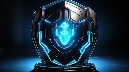 Futuristic Shield: Digital Fortress, Cybernetic Defense, Glowing Blue Energy Core
