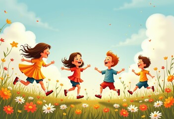 Four kids happily running in a field of flowers