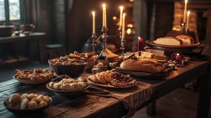 Fototapeta premium Rustic Table Setting with Candles and Abundant Festive Food