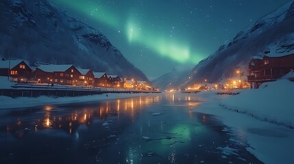 Fototapeta premium Northern lights illuminate a serene snow-covered village nestled between mountains, reflected in a frozen river.