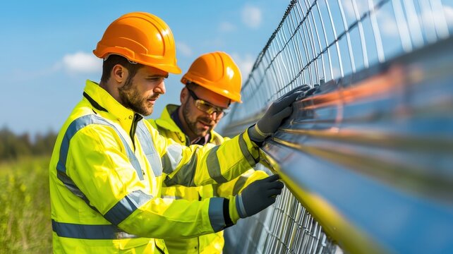 Two workers in reflective jackets and helmets install a fence under a clear blue sky, showcasing teamwork and safety in a construction environment.