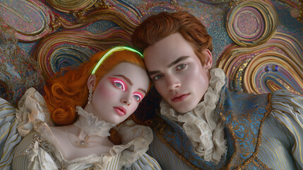 Caucasian young adults in elegant rococo fashion with vibrant makeup