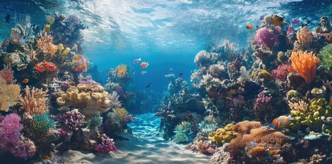 Naklejka premium Vibrant Coral Reef Ecosystem Underwater Scene With Colorful Fish