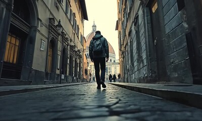 A lone traveler walks through a narrow cobblestone street in Florence, Italy, towards the iconic Duomo. The architecture, light, and atmosphere create a serene and adventurous ambiance. - Powered by Adobe