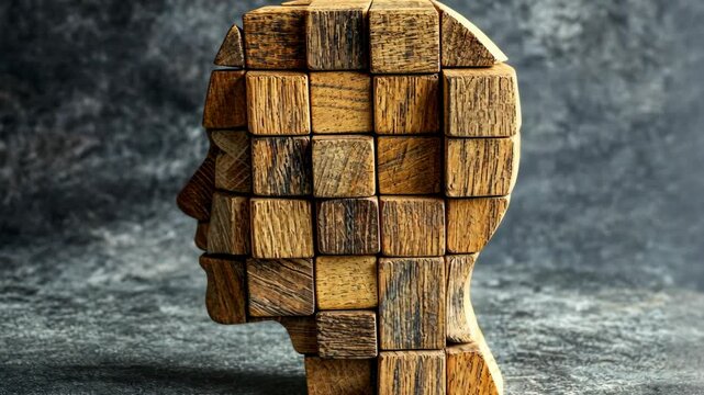 Wooden sculpture of a human head made from small blocks displayed against a textured background