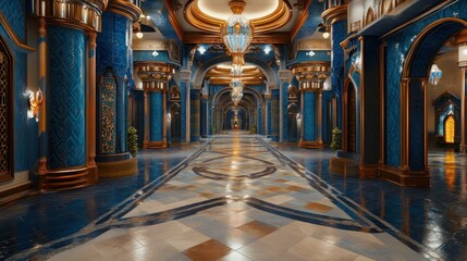 Obraz premium Luxurious blue and gold palace hallway with ornate columns and chandeliers.