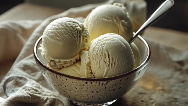 A cozy scene featuring three scoops of creamy vanilla ice cream in a rustic bowl. Soft light highlights the ice cream's texture, conveying warmth and comfort, evoking summer sweetness.