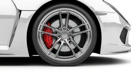 Sleek Silver Sports Car Wheel with Red Brake Caliper Detail