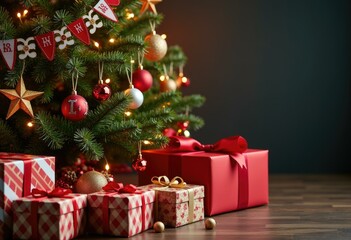 Christmas tree decorated with ornaments and lights  with presents underneath.