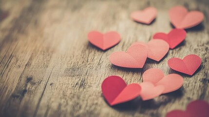 Obraz premium Colorful Paper Hearts on Rustic Wooden Table Background