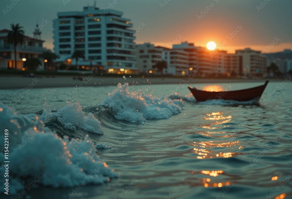Aufkleber a small boat on the ocean with waves crashing in the foreground and a sunset in the background.